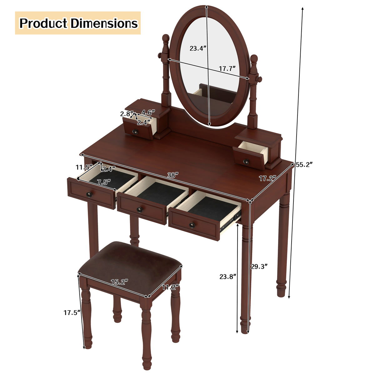 Vintage Walnut Vanity Desk Set with Adjustable Mirror & Velvet-Lined Drawers - Elirian