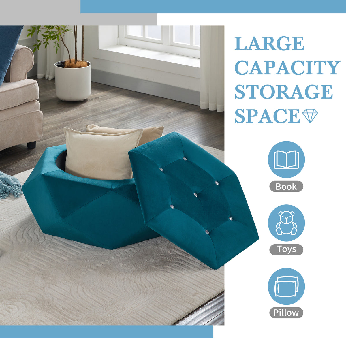 Velvet Diamond Tufted Storage Ottoman, Blue - Elirian