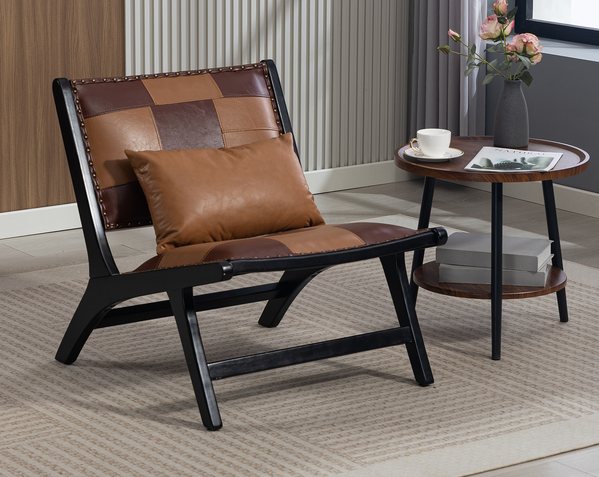 Mid-Century Antique Brown Leather Accent Chair with Solid Wood Frame - Elirian