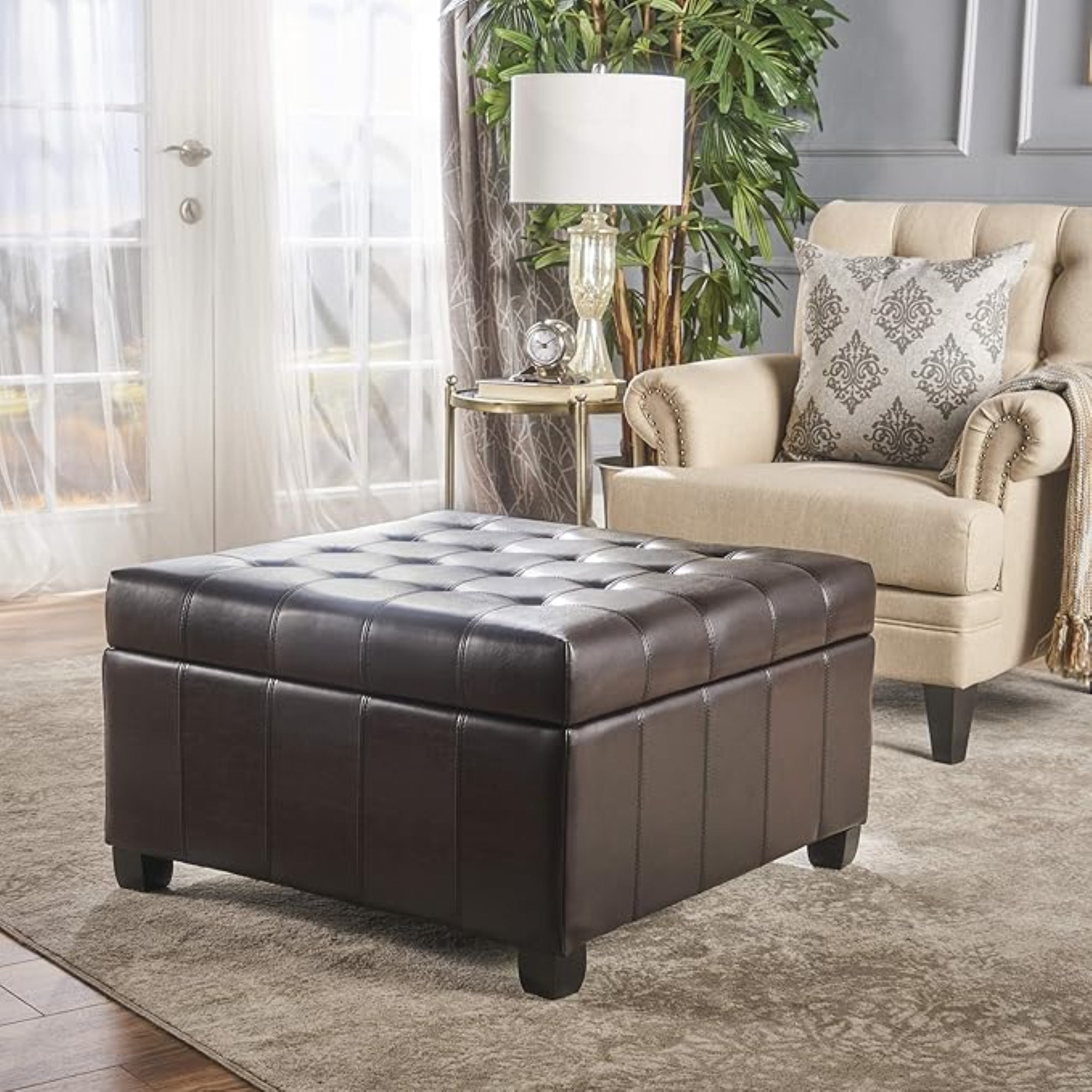 Tufted Storage Ottoman in Dark Brown PU Leather - Elirian