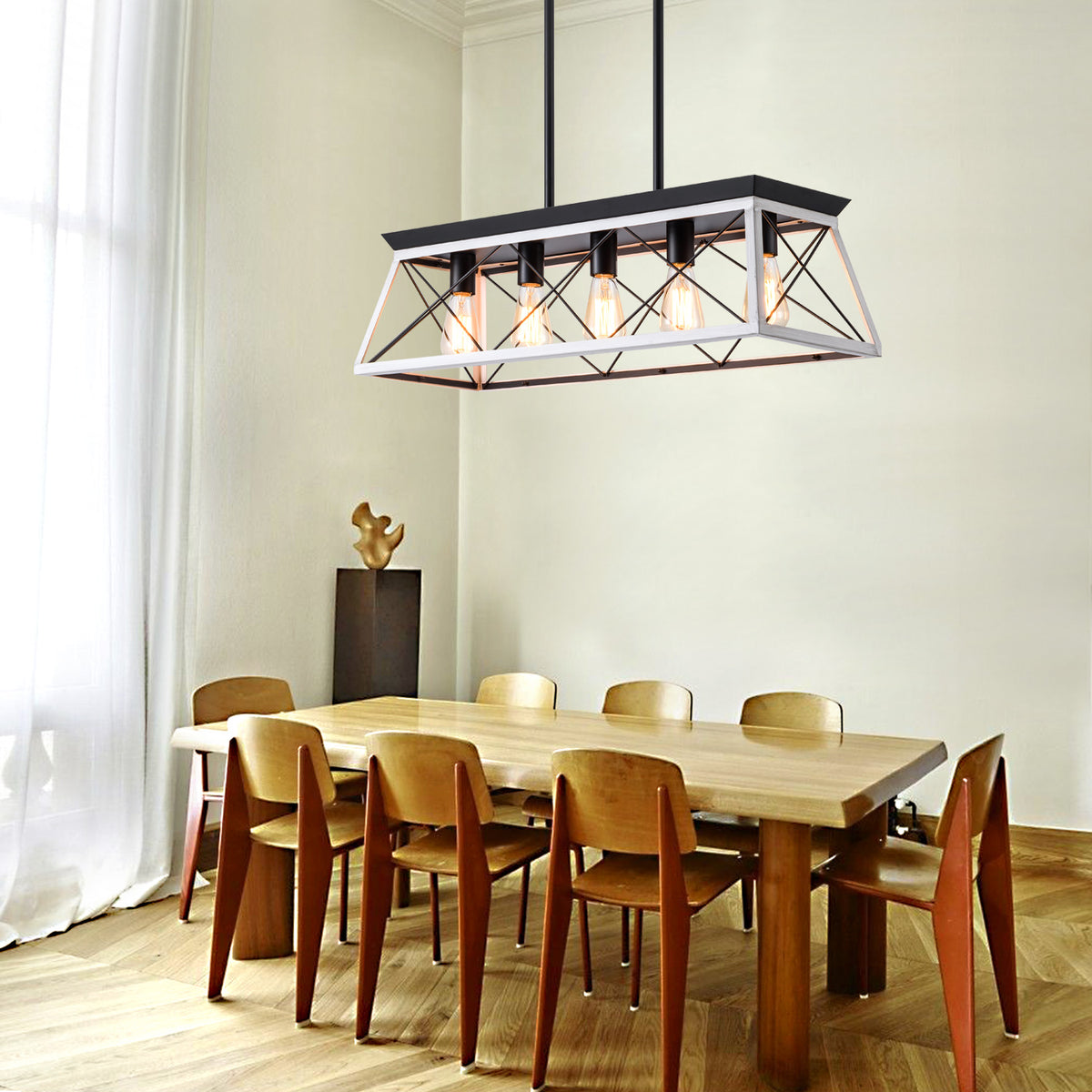 5-Light White Farmhouse Linear Chandelier for Dining Room and Kitchen Island - Elirian
