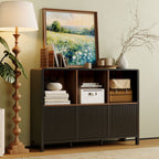 Black Fluted 3-Door Storage Cabinet with Open Display Shelves - Elirian