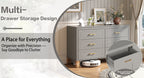 Gray 6-drawer dresser with gold metal handles, smooth sliding rails, modern bedroom furniture - Elirian