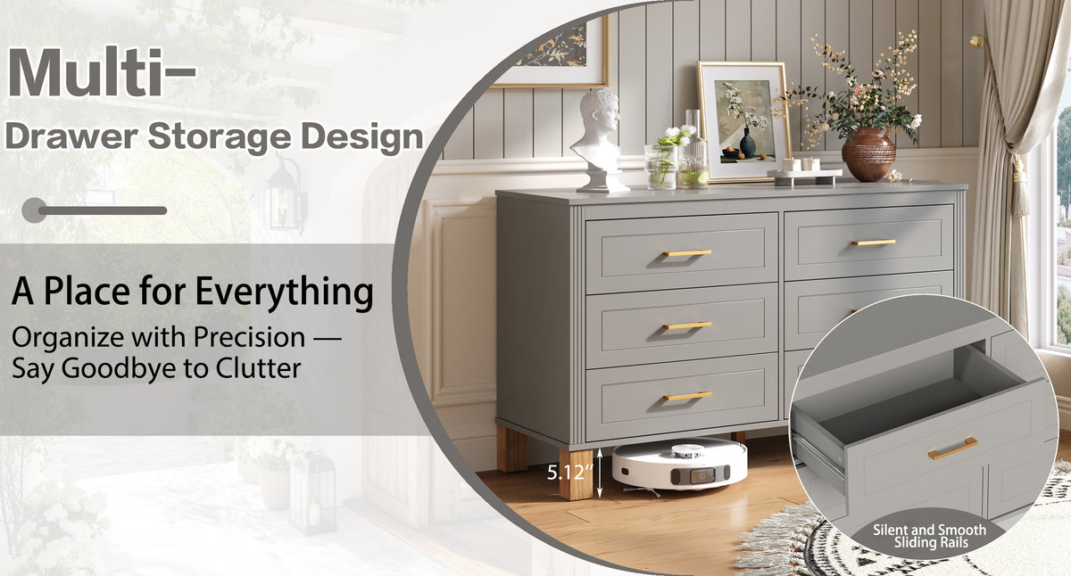 Gray 6-drawer dresser with gold metal handles, smooth sliding rails, modern bedroom furniture - Elirian