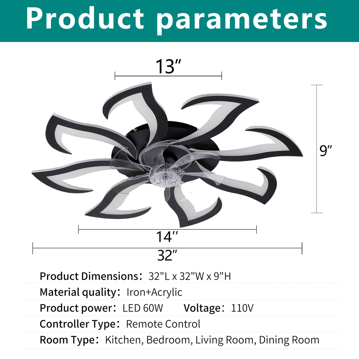 Black Flower Flush Mount Ceiling Fan with Dimmable LED Light and Remote, 32-Inch - Elirian