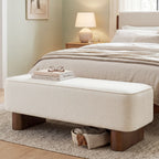 Padded Upholstered Ottoman Bench in Warm Beige with Rubberwood Legs - Elirian