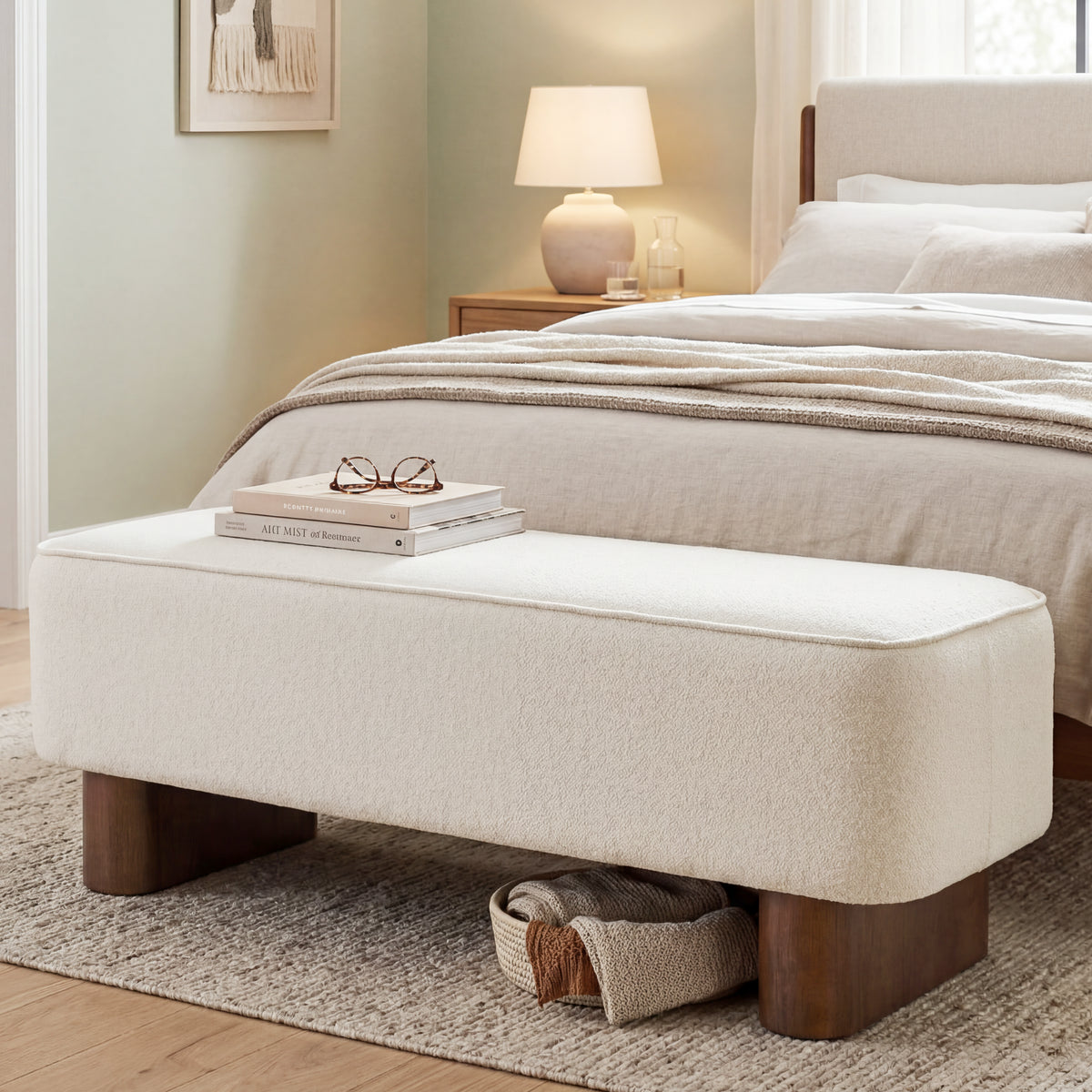 Padded Upholstered Ottoman Bench in Warm Beige with Rubberwood Legs - Elirian