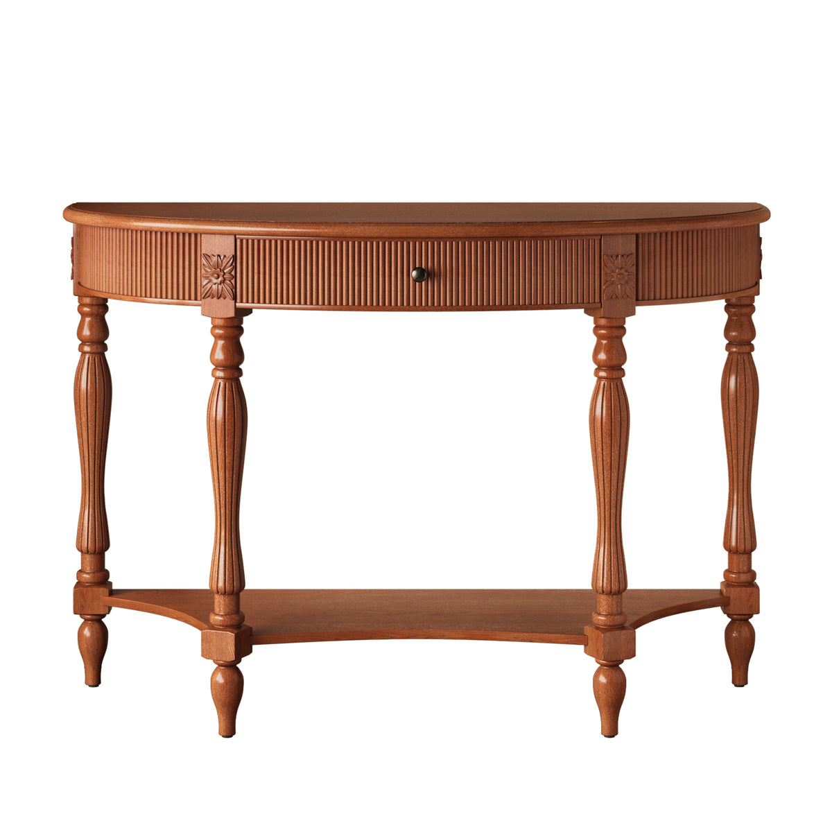 Solid Wood Half Moon Console Table with Drawer and Shelf, Fluted Front, Carved Roman Column Legs, Rustic Walnut - Elirian