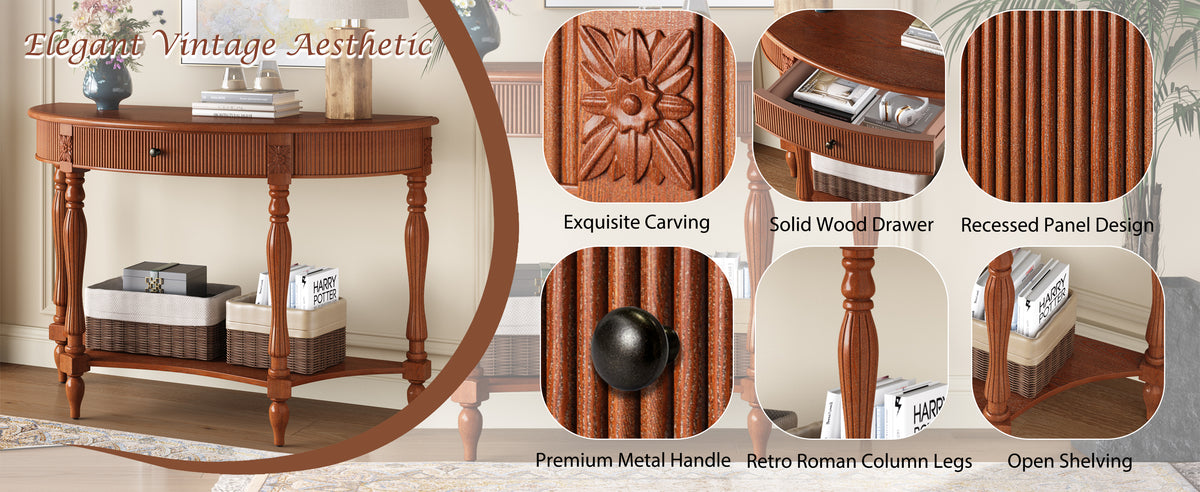 Solid Wood Half Moon Console Table with Drawer and Shelf, Fluted Front, Carved Roman Column Legs, Rustic Walnut - Elirian
