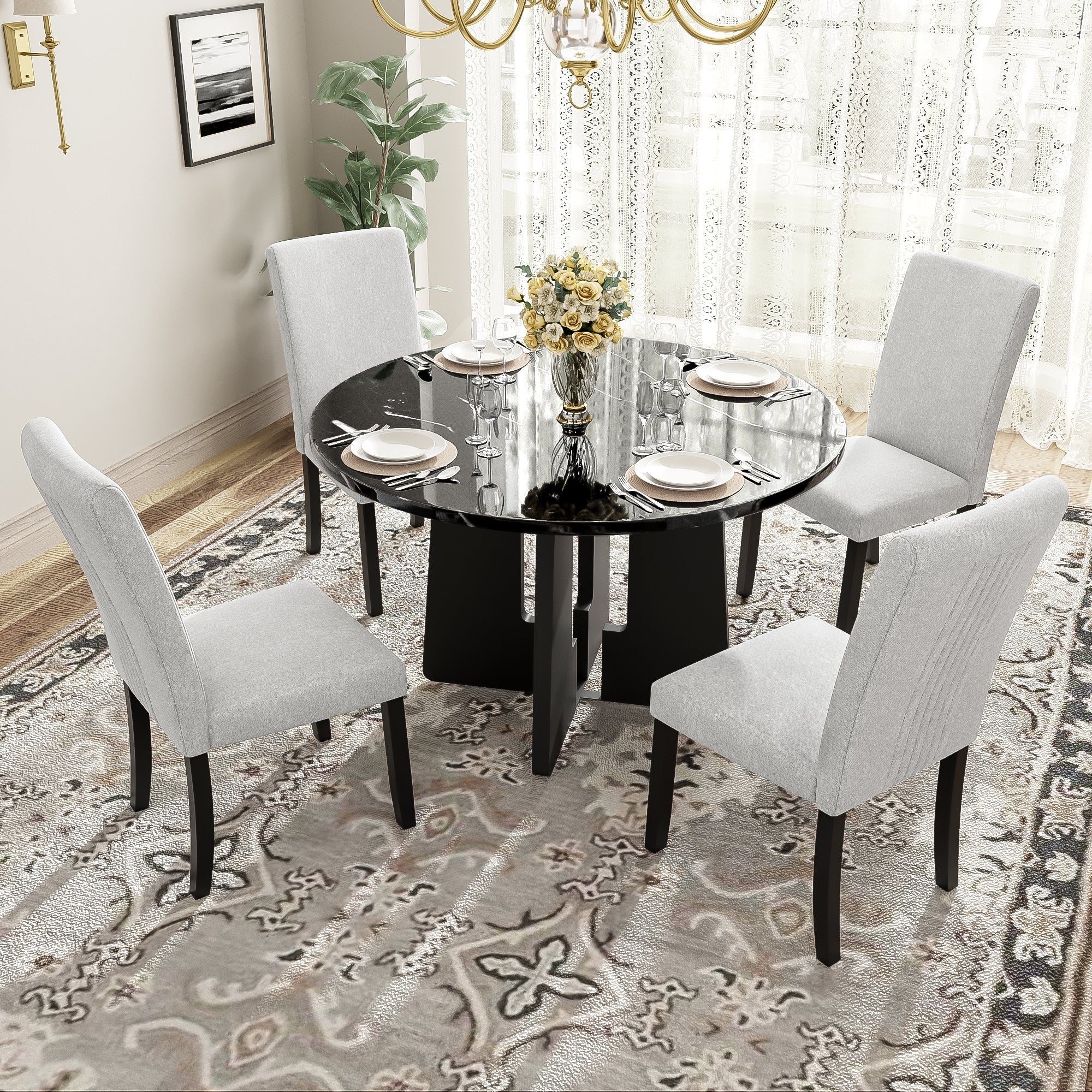 5-Piece Round Dining Set with Upholstered Chairs, 43-Inch Table - Elirian