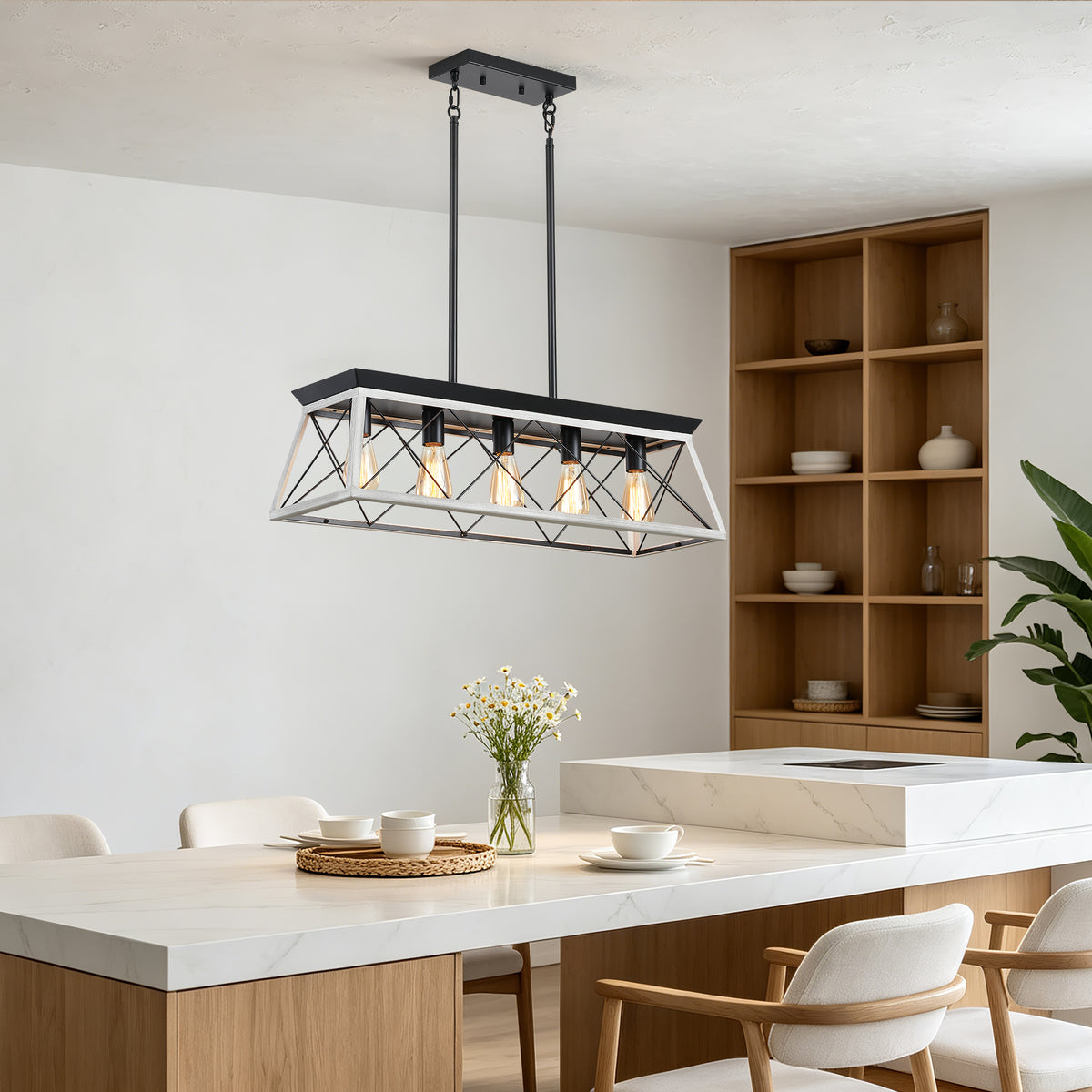 5-Light White Farmhouse Linear Chandelier for Dining Room and Kitchen Island - Elirian