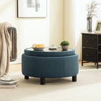 Round Storage Ottoman with Reversible Lid, Blue Fleece - Elirian