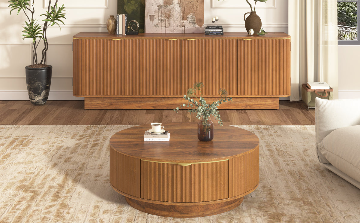 Fluted Coffee Table & TV Console Set in Warm Brown - Elirian