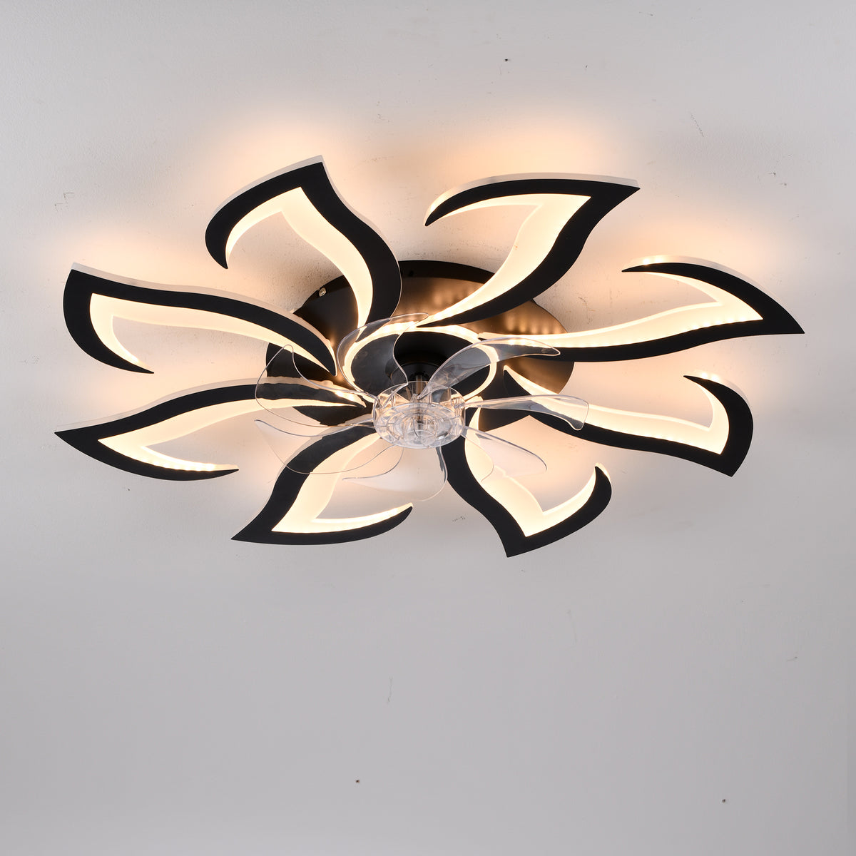 Black Flower Flush Mount Ceiling Fan with Dimmable LED Light and Remote, 32-Inch - Elirian