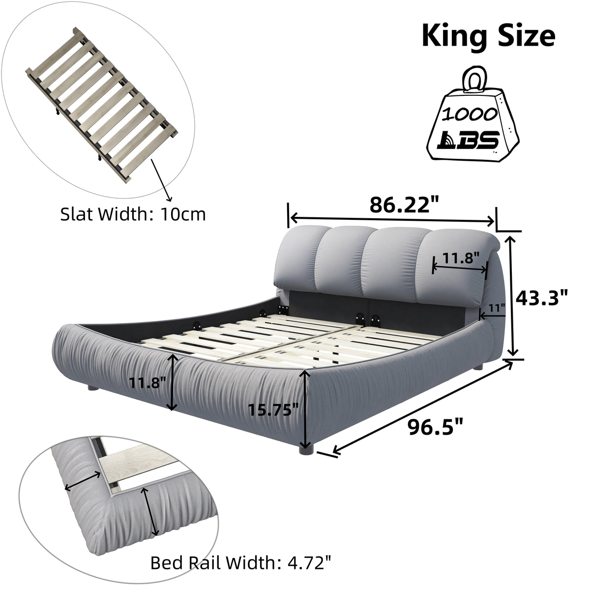 King Size Grey Upholstered Platform Bed with Oversized Padded Headboard - Elirian