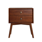 Walnut Finish Pine Nightstand with Two Drawers and Splayed Legs