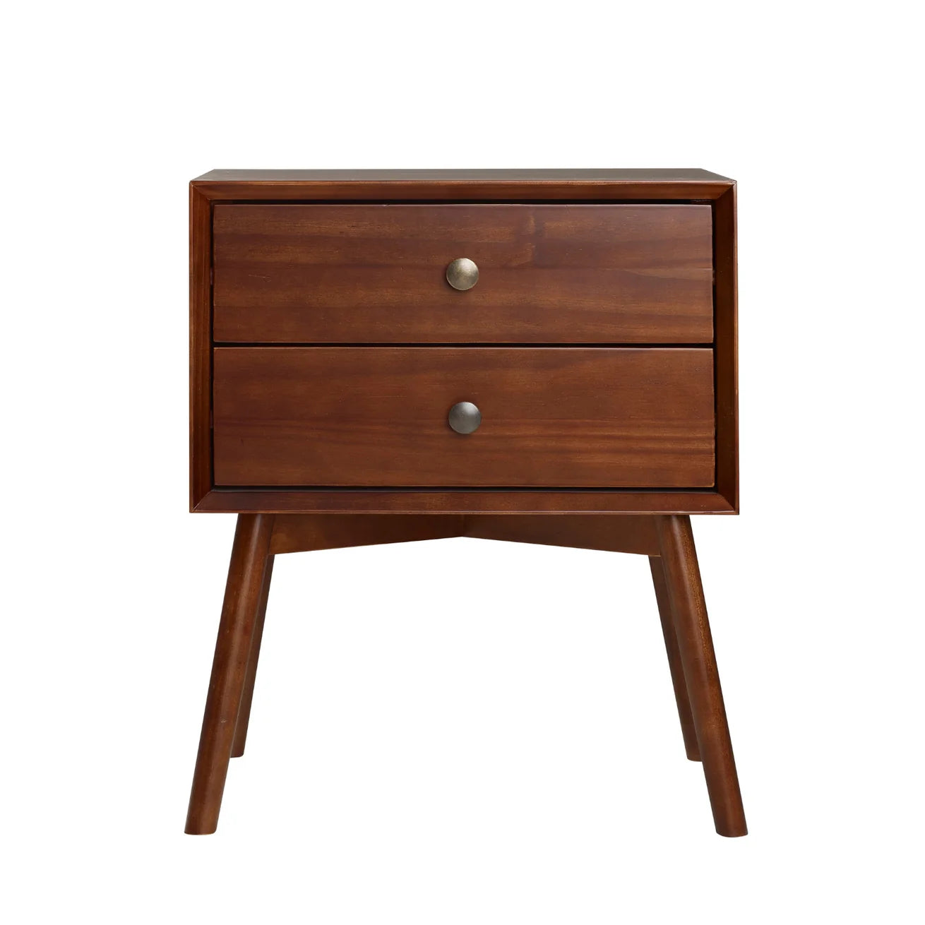 Walnut Finish Pine Nightstand with Two Drawers and Splayed Legs