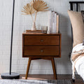 Walnut Finish Pine Nightstand with Two Drawers and Splayed Legs