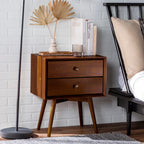 Walnut Finish Pine Nightstand with Two Drawers and Splayed Legs