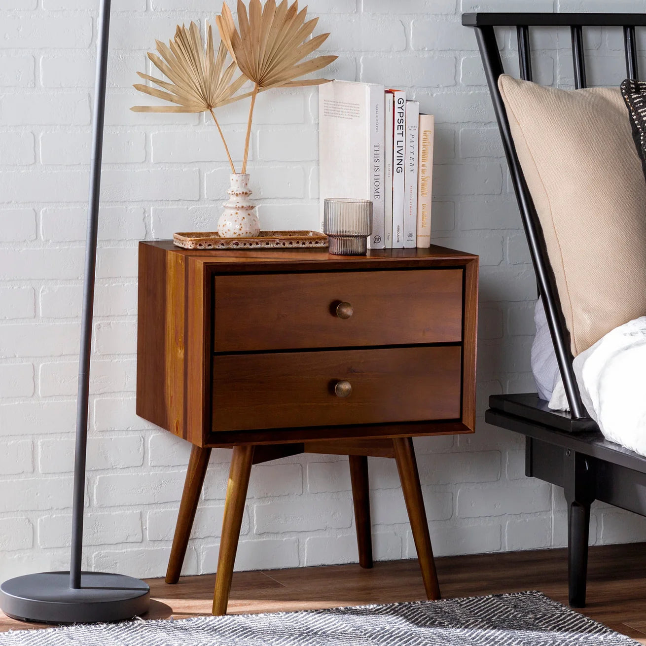 Walnut Finish Pine Nightstand with Two Drawers and Splayed Legs