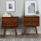 Walnut Finish Pine Nightstand with Two Drawers and Splayed Legs