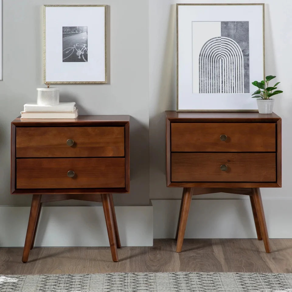 Walnut Finish Pine Nightstand with Two Drawers and Splayed Legs