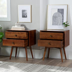 Walnut Finish Pine Nightstand with Two Drawers and Splayed Legs