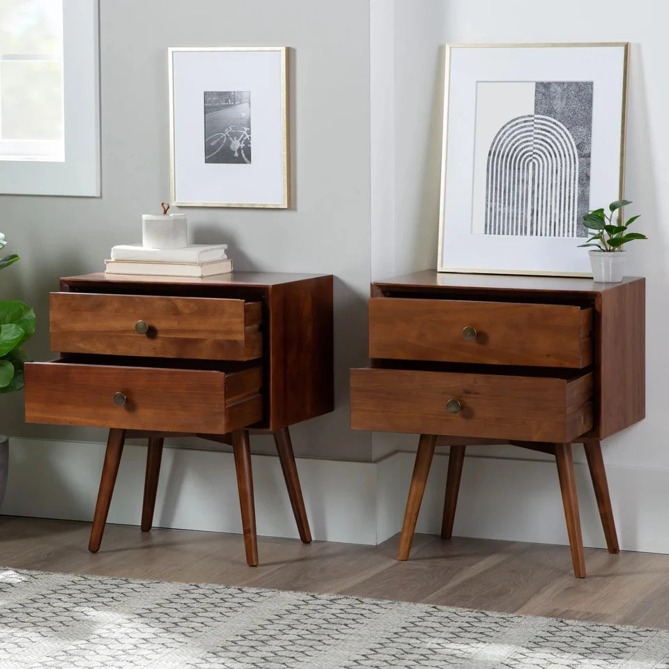 Walnut Finish Pine Nightstand with Two Drawers and Splayed Legs