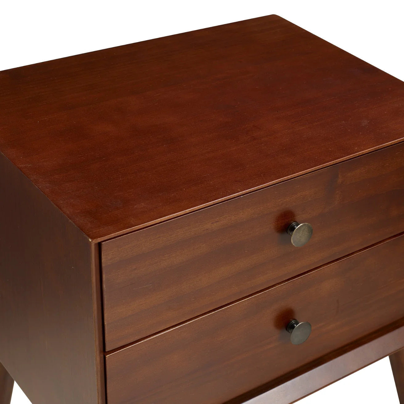 Walnut Finish Pine Nightstand with Two Drawers and Splayed Legs
