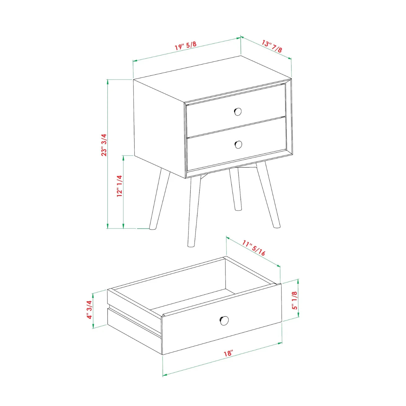 Walnut Finish Pine Nightstand with Two Drawers and Splayed Legs