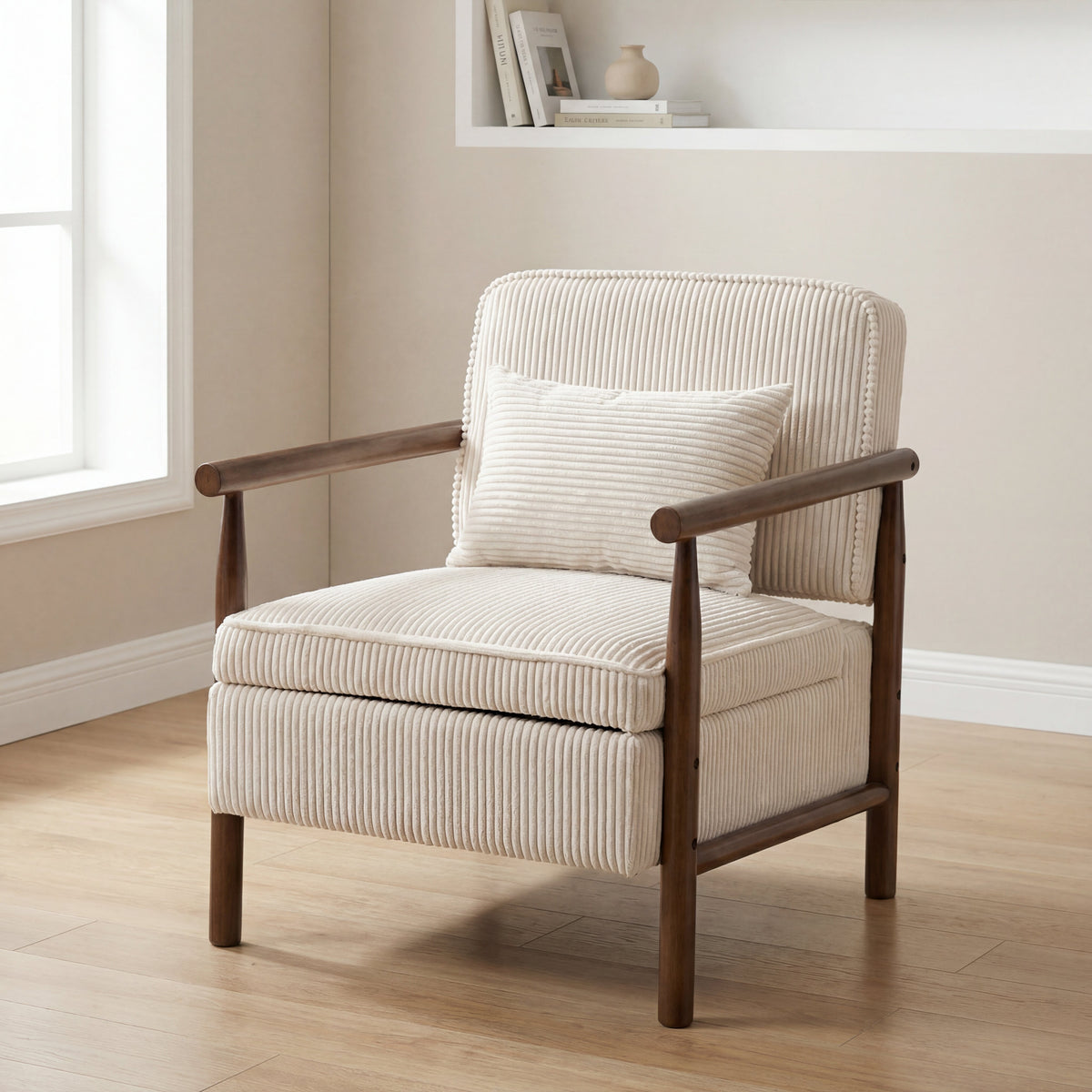 Mid Century Corduroy Storage Accent Chair with Solid Wood Frame - Elirian
