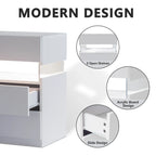 White Acrylic LED Nightstand with Three Drawers and Open Shelf