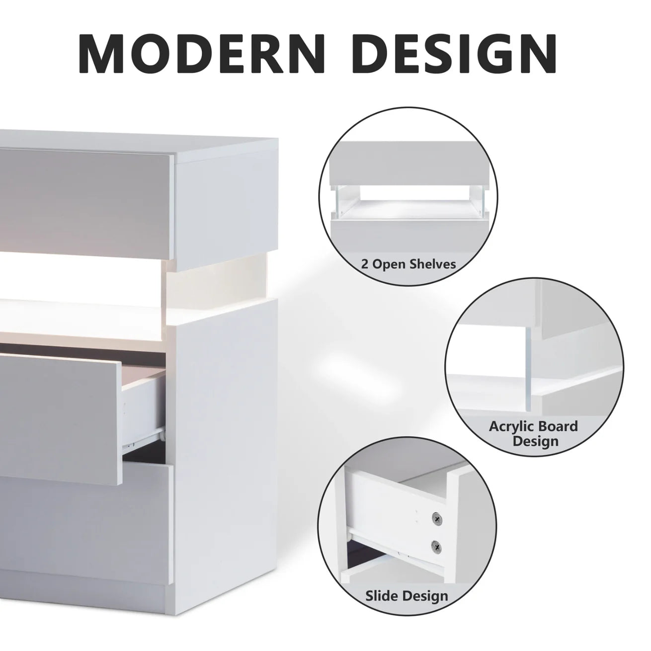 White Acrylic LED Nightstand with Three Drawers and Open Shelf