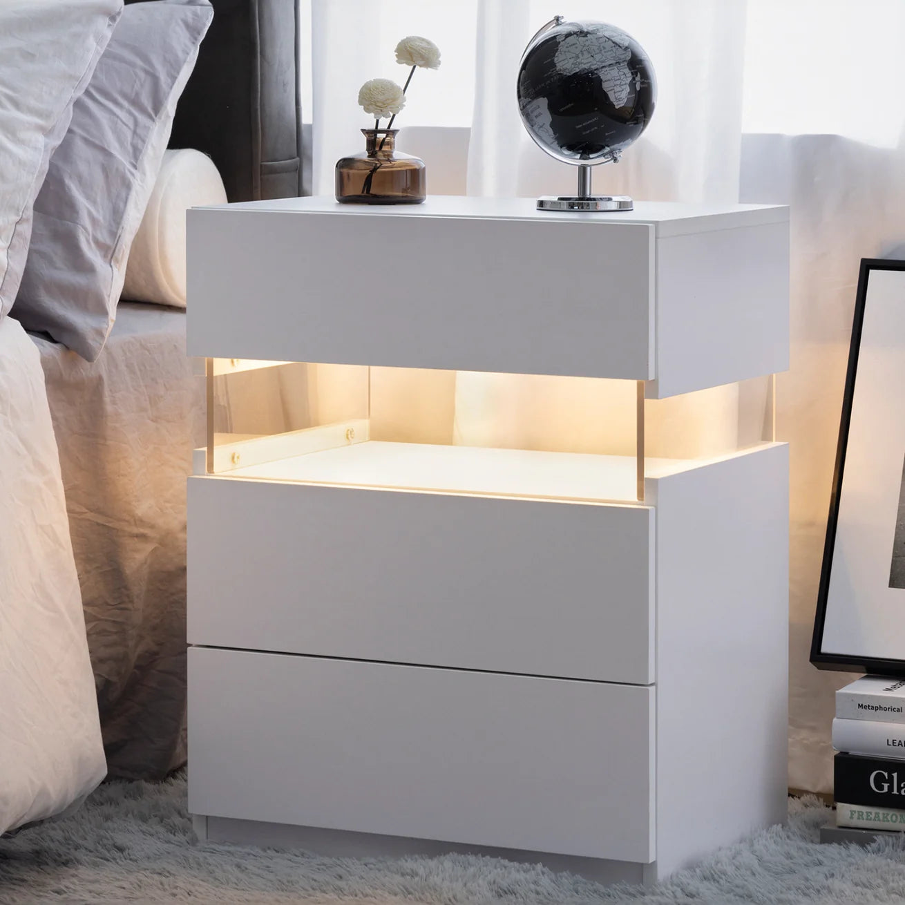 White Acrylic LED Nightstand with Three Drawers and Open Shelf