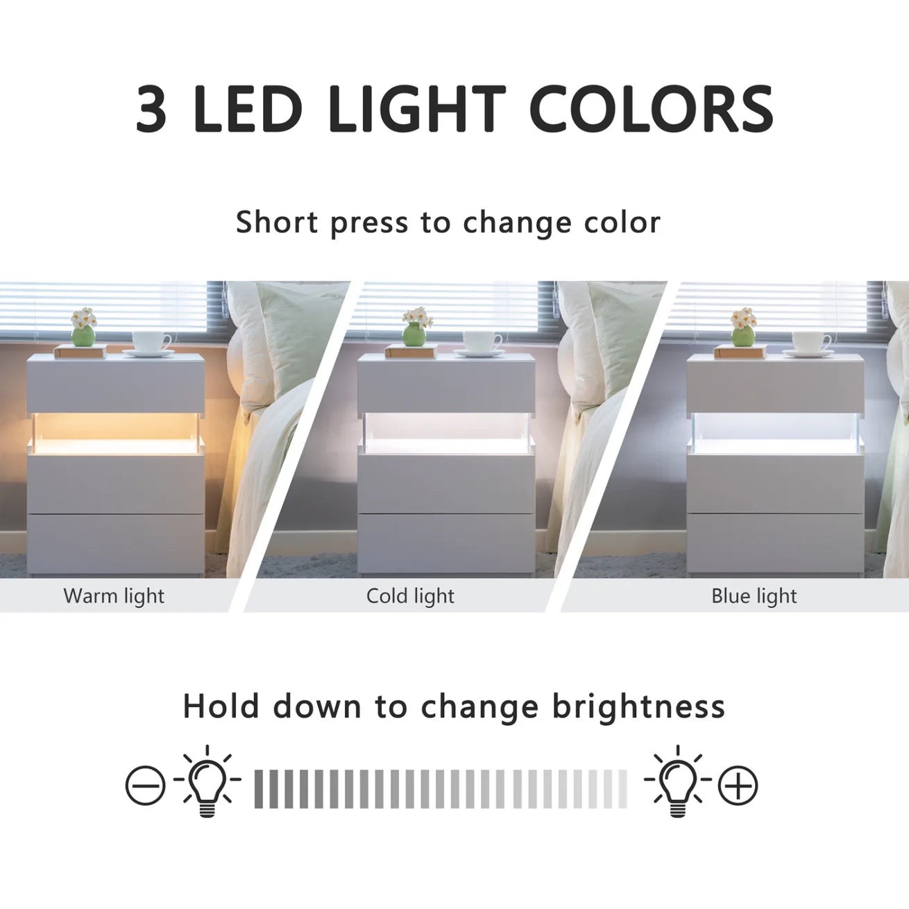White Acrylic LED Nightstand with Three Drawers and Open Shelf