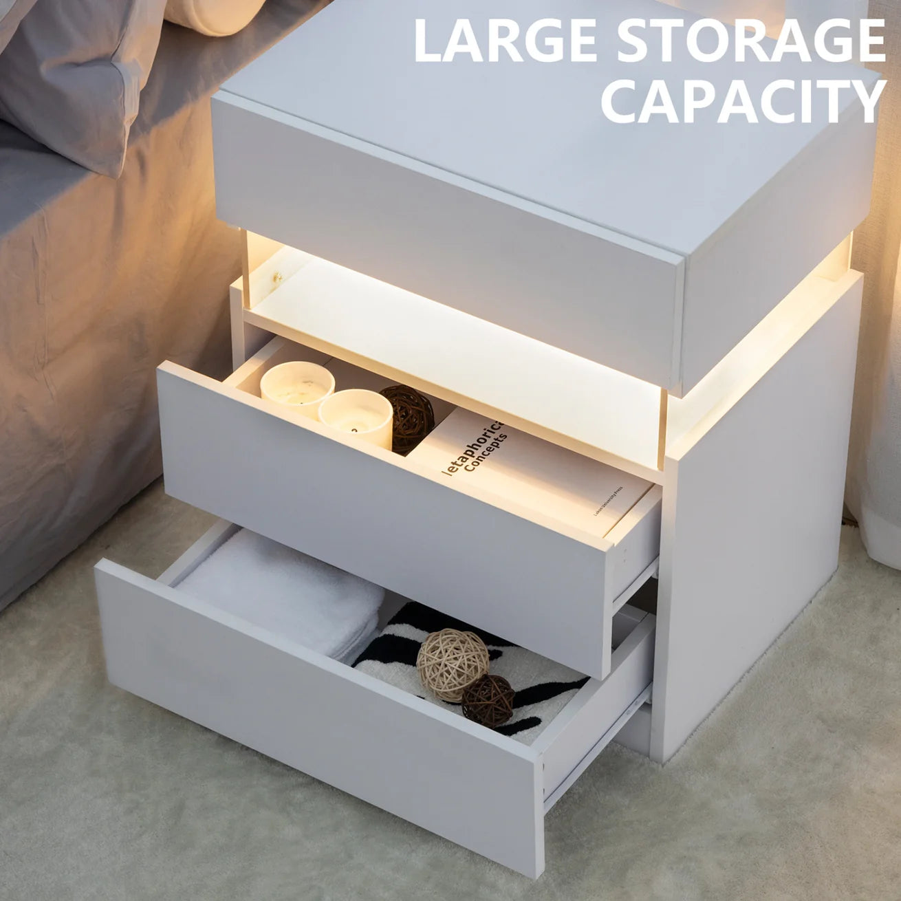 White Acrylic LED Nightstand with Three Drawers and Open Shelf