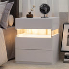 White Acrylic LED Nightstand with Three Drawers and Open Shelf