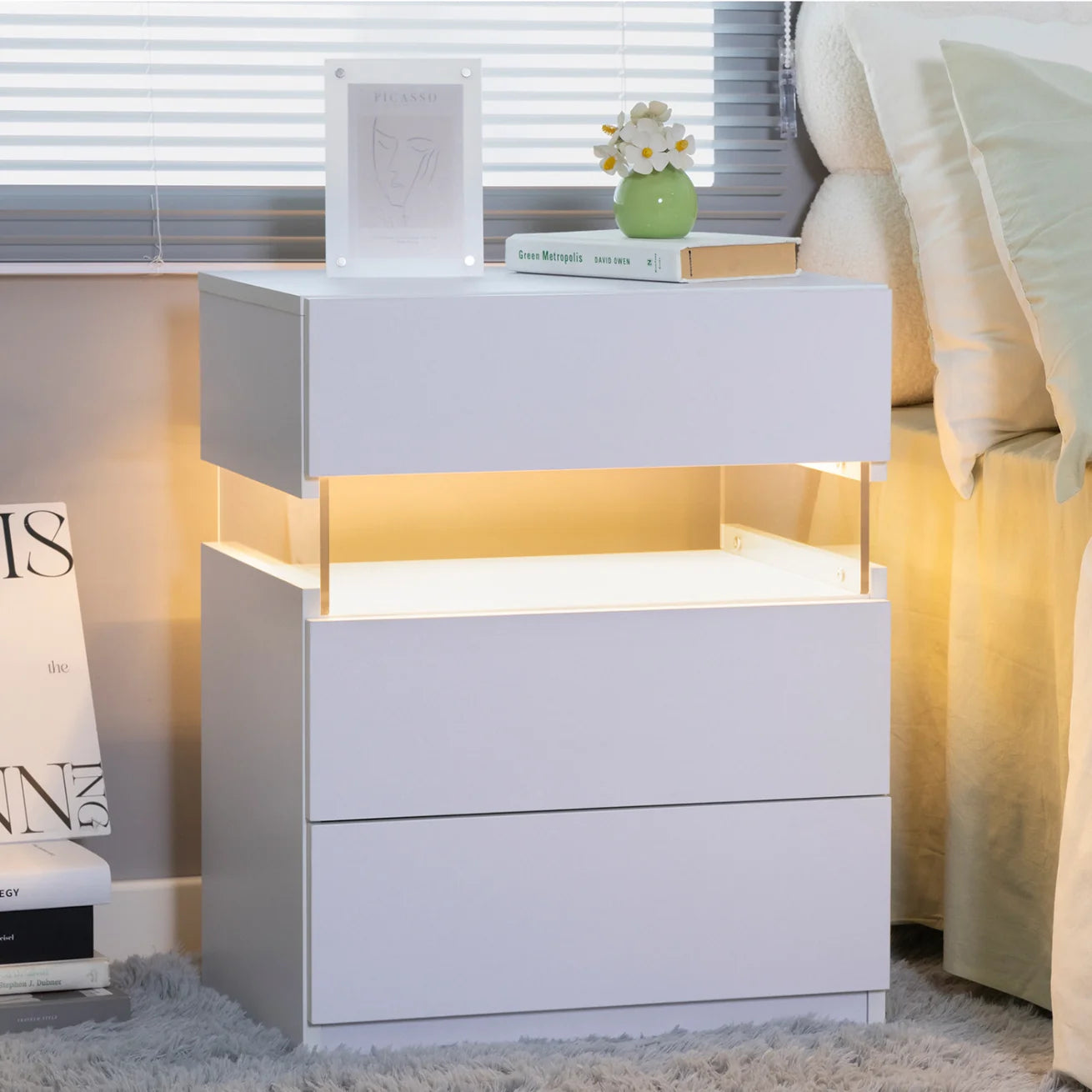 White Acrylic LED Nightstand with Three Drawers and Open Shelf