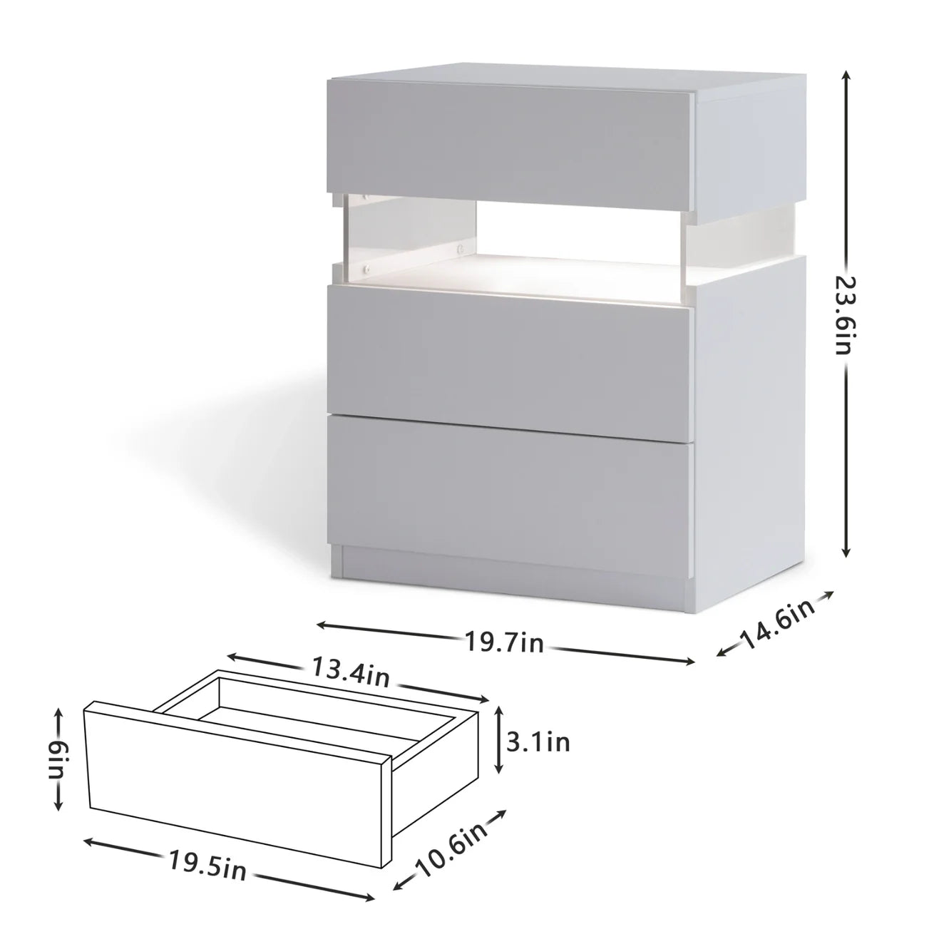 White Acrylic LED Nightstand with Three Drawers and Open Shelf