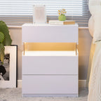 White Acrylic LED Nightstand with Three Drawers and Open Shelf