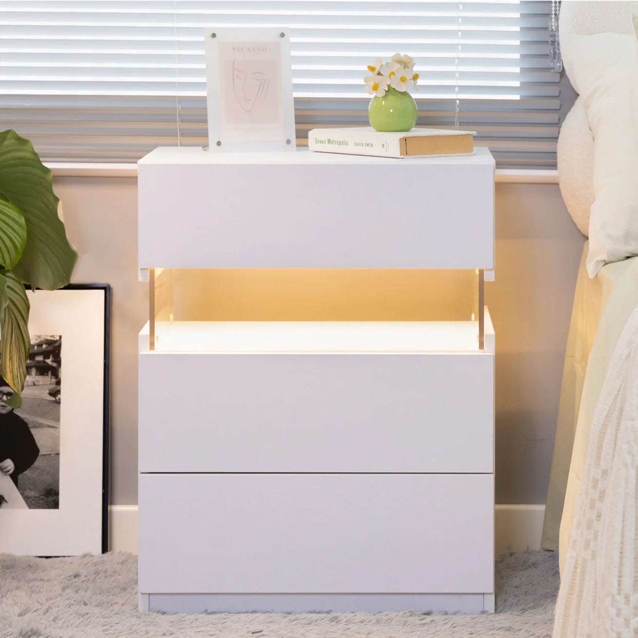 White Acrylic LED Nightstand with Three Drawers and Open Shelf