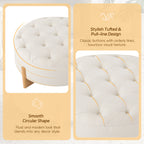 Round Tufted Chenille Ottoman with Solid Wood Legs, Beige - Elirian