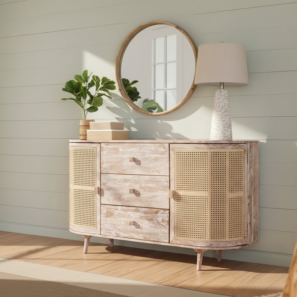 Curved Wooden TV Console with 2 Cane Doors &amp; 3 Drawers