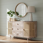 Meuble TV en bois courbé avec 2 portes en rotin et 3 tiroirs