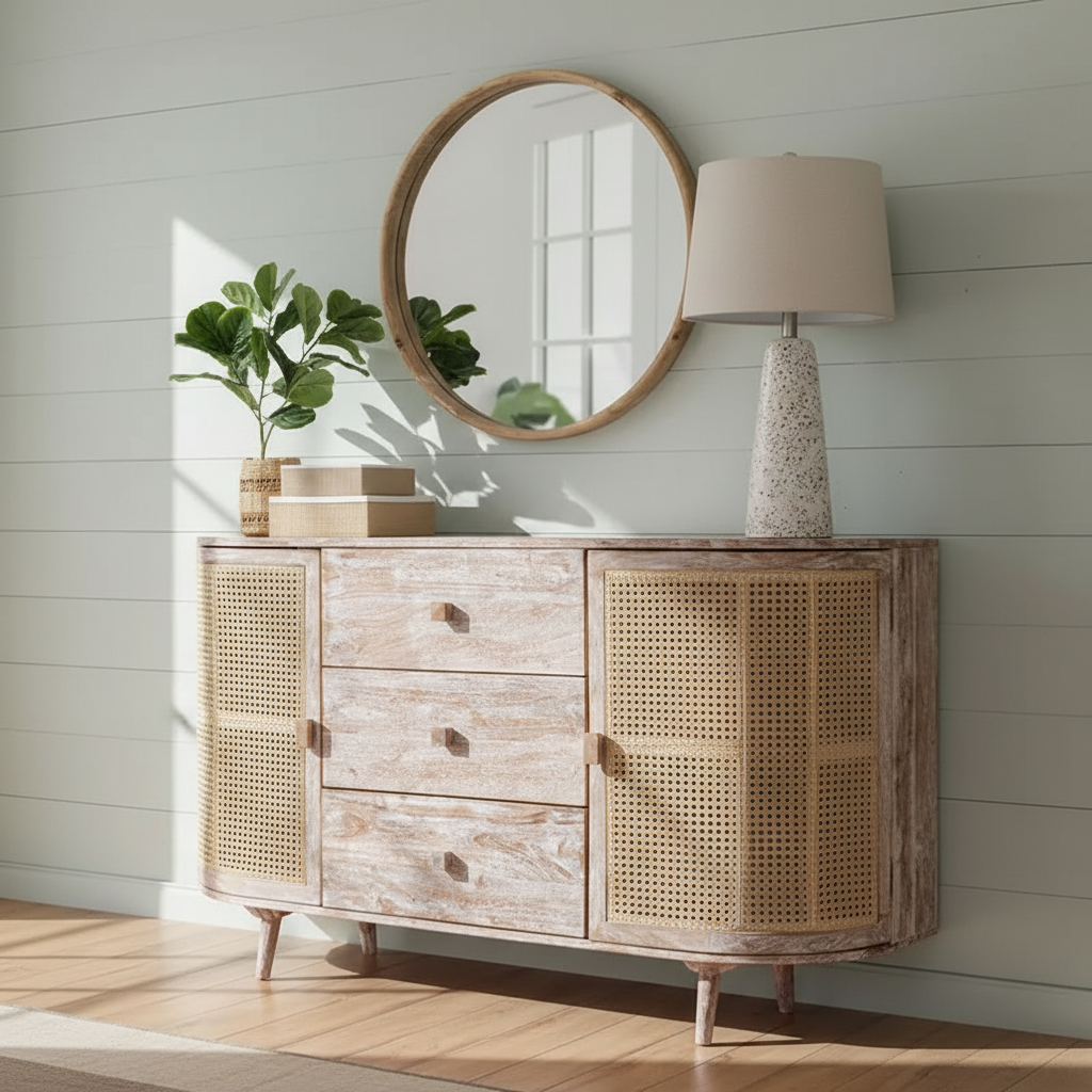 Curved Wooden TV Console with 2 Cane Doors &amp; 3 Drawers