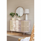 Meuble TV en bois courbé avec 2 portes en rotin et 3 tiroirs