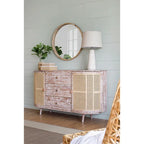 Meuble TV en bois courbé avec 2 portes en rotin et 3 tiroirs