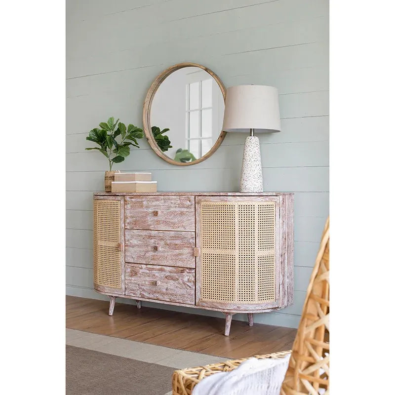 Meuble TV en bois courbé avec 2 portes en rotin et 3 tiroirs