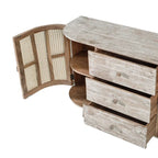 Meuble TV en bois courbé avec 2 portes en rotin et 3 tiroirs