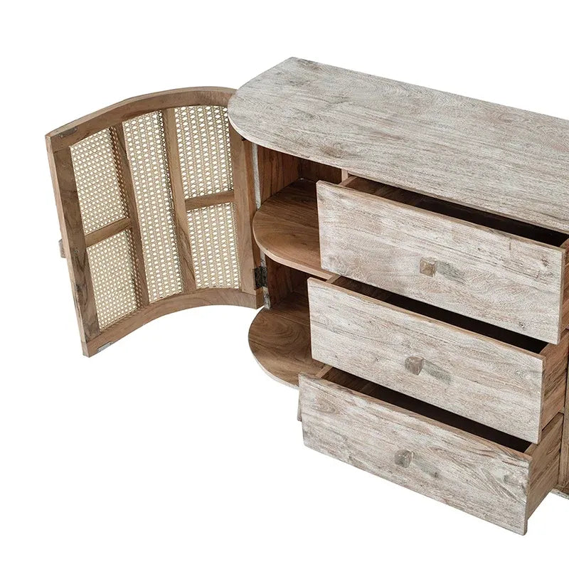 Meuble TV en bois courbé avec 2 portes en rotin et 3 tiroirs